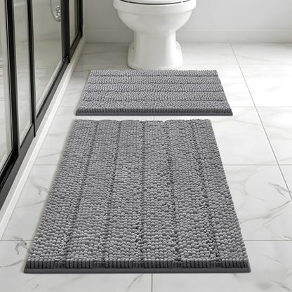 Bcoimo Bath Rug Mat Sets, 2 Piece Extra Soft Chenille Gray Bathroom Mat Set