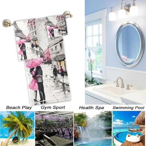 Naanle Stylish Romantic Street View of Paris Eiffel Tower Soft Luxury Decorative 3 Pieces Set Towels, 1 Bath Towel+1 Hand Towel+1 Washcloth, Multipurpose for Bathroom, Hotel, Gym, Spa and Beach