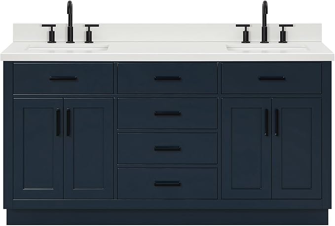 ARIEL Hepburn 66-inch Bathroom Vanity with Sink,Solid Wood, 1.5-inch Pure White Quartz Countertop, Double Rectangular Porcelain Sink, 4 Soft Closing Doors, 6 Dovetail Drawers, Midnight Blue
