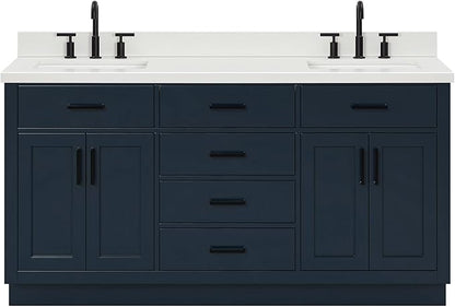 ARIEL Hepburn 66-inch Bathroom Vanity with Sink,Solid Wood, 1.5-inch Pure White Quartz Countertop, Double Rectangular Porcelain Sink, 4 Soft Closing Doors, 6 Dovetail Drawers, Midnight Blue