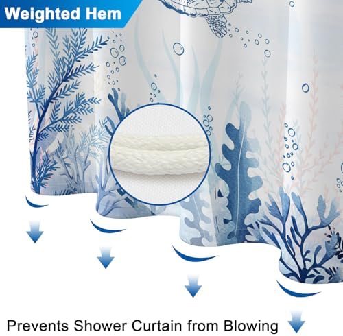 Blue Sea Turtle Shower Curtain with Hooks, Summer Ocean Waterproof Shower Curtains with Weighted Hem and Metal Grommets, Machine Washable Coastal Shower Curtain for Bathroom Decor, 72x72 Inches