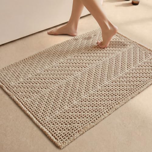 Sunfly Waffle Bath Mat, Boho Bath Rugs for Bathroom Floor Super Absorbent & Quick Dry, Non-Slip Washable Bath Mat with Tassels, Ultra Soft Farmhouse Bathroom Decor 24"*36" Beige