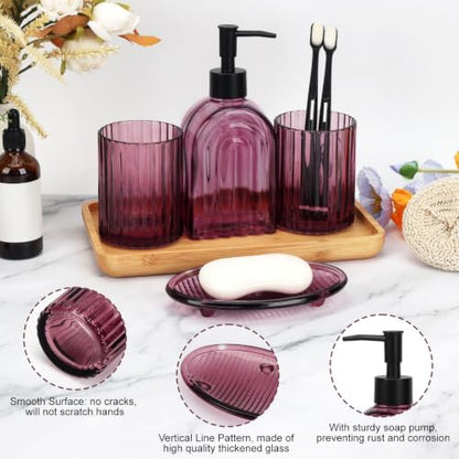 Bathroom Accessories Set, 4Pcs Glass Bathroom Accessories Set Complete, 13.5OZ Lotion Soap Dispenser, Toothbrush Holder, Mouthwash Cup, Soap Dish for Bathroom Decor, Countertop Organizer (Purple)