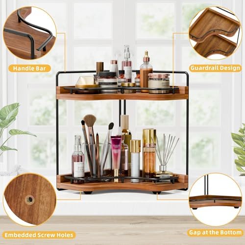 2-Tier Corner Bathroom Counter Organizer, Larger, Acacia Wood