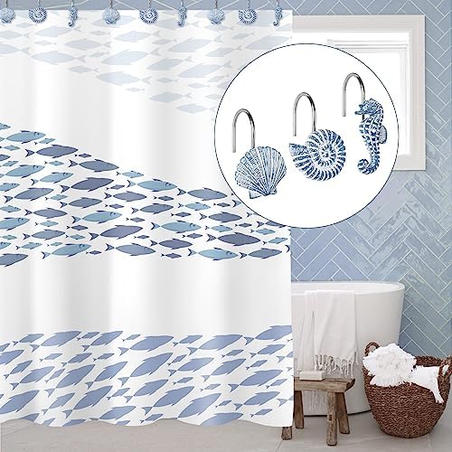 Sunlit Seashells Decorative Shower Curtain Hooks, Sky Blue Ocean Creatures Coastal Shower Curtain Rings, Resin, Nautical Bathroom Decoration Beach Shower Curtain Hooks-12 Pack