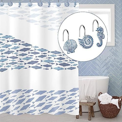 Sunlit Seashells Decorative Shower Curtain Hooks, Sky Blue Ocean Creatures Coastal Shower Curtain Rings, Resin, Nautical Bathroom Decoration Beach Shower Curtain Hooks-12 Pack