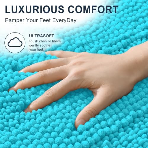 Smiry Thick Small Chenille Bathroom Rugs 24x16, Soft Bath Mat, Aqua Sky
