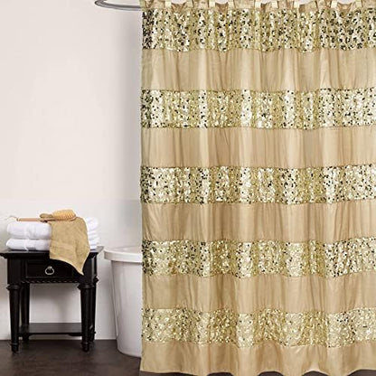 Zahari Home 13pc Sinatra Bathroom Shower Curtain Set - Gold Curtain & 12 Champagne Hooks - Luxury Fabric Bling Unique Beautiful Set