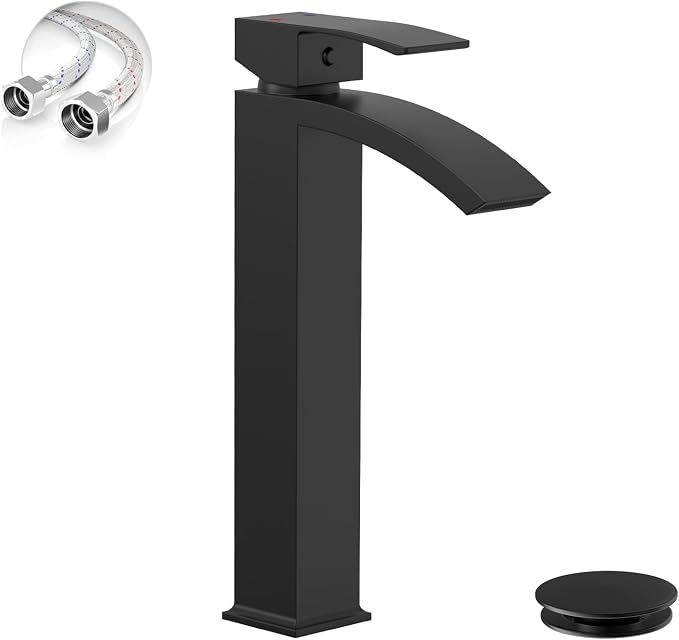 Matte Black Vessel Sink Faucet, Waterfall Bathroom Faucets | Brass, Tall Spout, Single Handle 1 Hole Bathroom Faucet, Modern Basin Taps with Supply Line, Pop Up Drain, Without Overflow