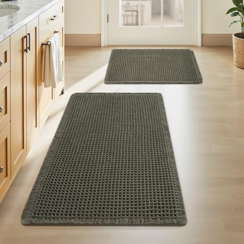 Upgraded Waffle Bath Mat Set of 2 Absorbent Bathroom Mat 17"x24" + 20"x32"