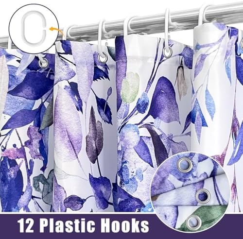 Eucalyptus Shower Curtain, Abstract Aesthetic Art Watercolor Plant Leaves with Floral Bathroom Decor, Waterproof Fabric Cloth Bath Curtain Set with Hooks (Purple, 72x72 Inches)