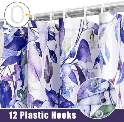 Eucalyptus Shower Curtain, Abstract Aesthetic Art Watercolor Plant Leaves with Floral Bathroom Decor, Waterproof Fabric Cloth Bath Curtain Set with Hooks (Purple, 72x72 Inches)