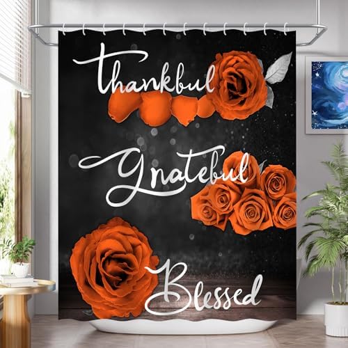 Onalasyc 4Pcs Orange Rose Floral Shower Curtain with Rugs Set