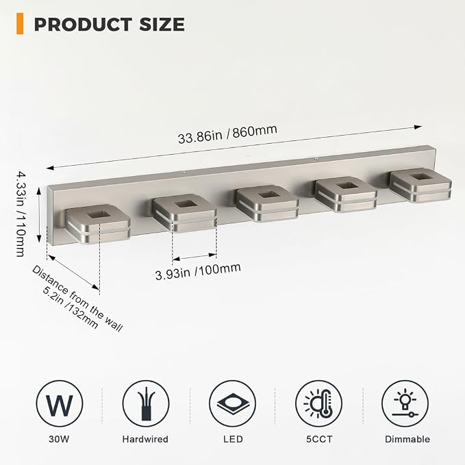 Modern Bathroom Vanity Light Fixture, 5CCT Dimmable LED Wall Sconce, 34" Brushed Nickel Over Mirror Light, 5-Light Acrylic Vanity Lights for Bathroom, Indoor Restroom Lighting