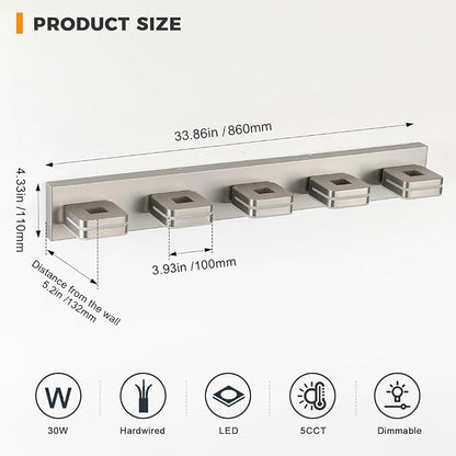 Modern Bathroom Vanity Light Fixture, 5CCT Dimmable LED Wall Sconce, 34" Brushed Nickel Over Mirror Light, 5-Light Acrylic Vanity Lights for Bathroom, Indoor Restroom Lighting