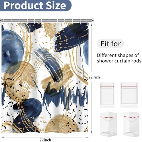 deFouliao Boho Shower Curtain, Mid Century Abstract Blue Gold Waterproof Shower Curtain for Bathroom Bathtub Home Curtain Decor, Washable with Hooks, 48Wx72L