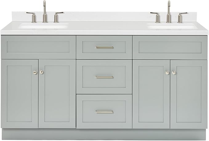 ARIEL Hamlet 66-inch Bathroom Vanity with Sink,Solid Wood, 1.5-inch Carrara White Quartz Countertop & Backsplash, Double Rectangular Porcelain Sink, 4 Soft Closing Doors, 3 Dovetail Drawers, Grey