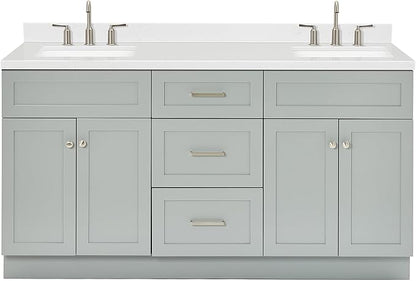 ARIEL Hamlet 66-inch Bathroom Vanity with Sink,Solid Wood, 1.5-inch Carrara White Quartz Countertop & Backsplash, Double Rectangular Porcelain Sink, 4 Soft Closing Doors, 3 Dovetail Drawers, Grey