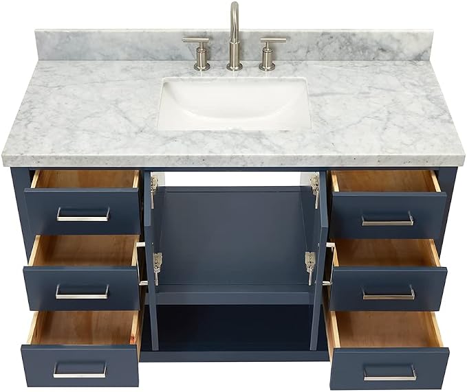 Olivia 48" Midnight Blue Bathroom Vanity with Sink, 1.5" Italian Carrara Marble Countertop, Rectangular Undermount Sink, 2 Soft Closing Doors, 6 Dovetail Drawers, Brushed Nickel
