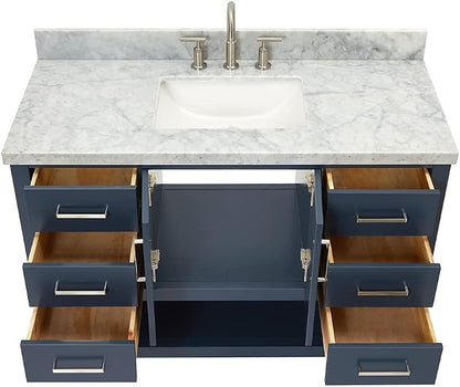 Olivia 48" Midnight Blue Bathroom Vanity with Sink, 1.5" Italian Carrara Marble Countertop, Rectangular Undermount Sink, 2 Soft Closing Doors, 6 Dovetail Drawers, Brushed Nickel