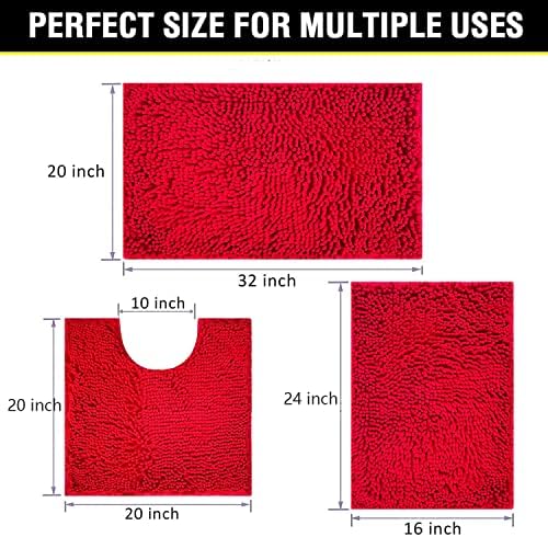 BOANKODU Bathroom Rugs Chenille 3-Piece Extra Soft and Absorbent Shag Bathroom Rugs, Machine Wash Mat, Strong PVC Non-Slip Underside, Plush Carpet Mats (Red)