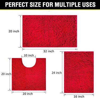 BOANKODU Bathroom Rugs Chenille 3-Piece Extra Soft and Absorbent Shag Bathroom Rugs, Machine Wash Mat, Strong PVC Non-Slip Underside, Plush Carpet Mats (Red)