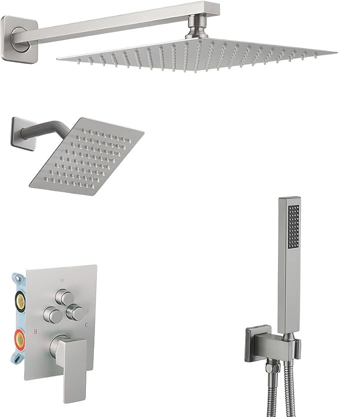 Shower Faucet Set Brushed Nickel 10 Inch Wall Mount Rainfall Shower System with 2 Rain Shower Head and Handheld Head Push Button Diverter Shower Trim Kit and Rough-in Valve Body