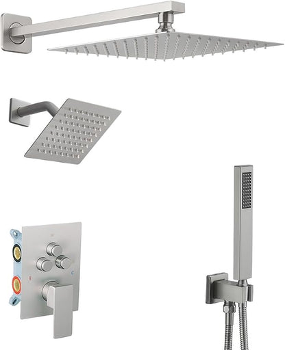 Shower Faucet Set Brushed Nickel 10 Inch Wall Mount Rainfall Shower System with 2 Rain Shower Head and Handheld Head Push Button Diverter Shower Trim Kit and Rough-in Valve Body