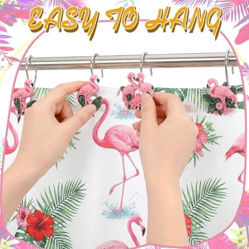 Amyhill 12 Pcs Flamingo Shower Curtain Hooks Decorative Shower Curtain Rings Stainless Steel Resin Sea Theme Bathroom Decor Suitable for Home Bedroom