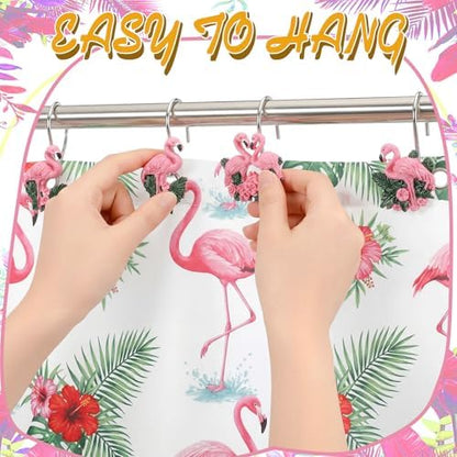 Amyhill 12 Pcs Flamingo Shower Curtain Hooks Decorative Shower Curtain Rings Stainless Steel Resin Sea Theme Bathroom Decor Suitable for Home Bedroom