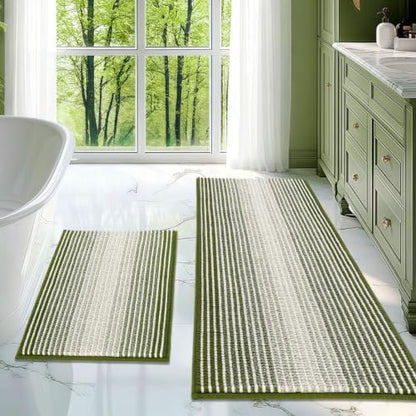 BSICPRO Bathroom Rugs Sets 2 Piece, Non Slip Striped Bath Mats, Sage
