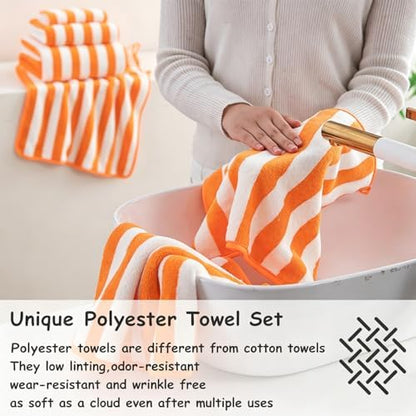 18 Pcs Orange Stripe Bath Towel Set with Hanging Loop-6 Bath Towels,6 Hand Towels,6 Washcloths Soft Family Towels Bathroom Towel Highly Absorbent Quick Dry Shower Towel for Beach Chair Spa Gym Hotel