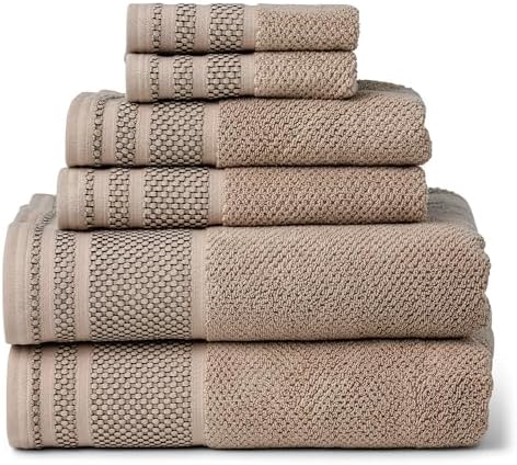 Texere 100% Organic Cotton Rice Weave Jacquard 700 GSM Luxury Bath Towel Sets - 2 Large Bath Towels, 2 Hand Towels, 2 Washcloths (Rice Weave, Oxford Tan, 6 Piece)