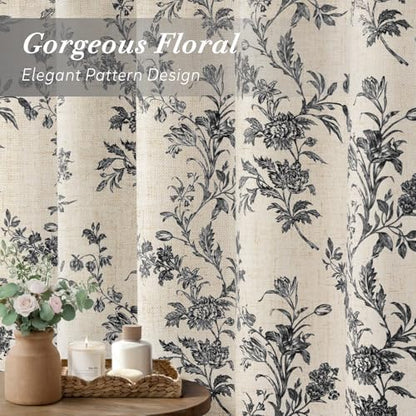 Black Floral Shower Curtain,Vintage Linen Beige Cottagecore Shower Curtains for Bathroom, 72" W x 78" L