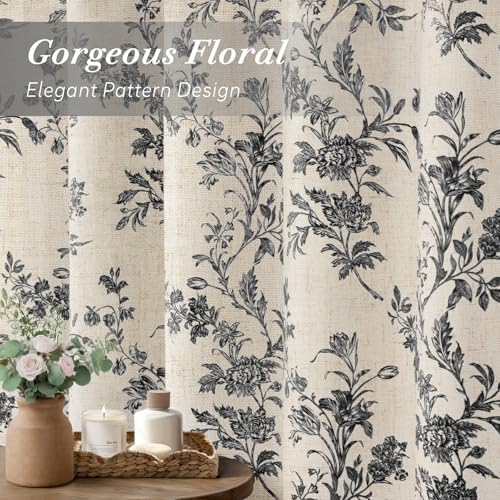 Black Floral Shower Curtain,Vintage Linen Beige Cottagecore Shower Curtains for Bathroom, 72" W x 84" L
