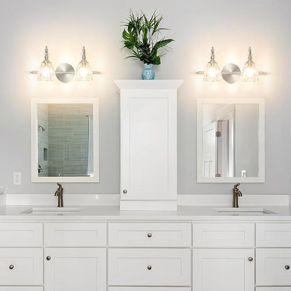 Vintage Vanity Light Fixtures for Bathroom, 2 Light Brushed Nickel Vanity Lighting Over Mirror, Bathroom Light Fixtures with Flower Clear Glass, Farmhouse Sconces Wall Lighting for Hallway