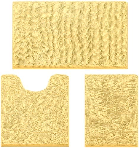 HOMEIDEAS Yellow Chenille Bathroom Rugs Set of 3, Non Slip Bath Mat