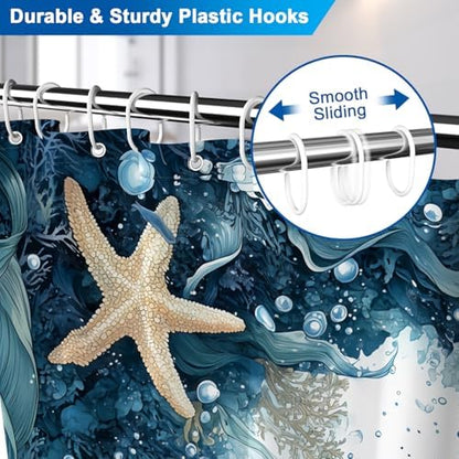 Deep Blue Bathroom Shower Curtain with 12 Hooks, Underwater Starfish Ocean Shower Curtain with Metal Grommets & Weighted Hem, Machine Washable Waterproof Shower Curtains for Bathroom, 72x72 Inches