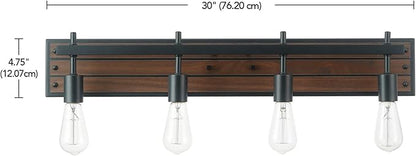 Globe Electric 52058 4-Light Vanity Light with Faux Wood Finish and Matte Black Accents, Ideal for Bathroom, Living Room, and for Makeup Over Mirror Lighting