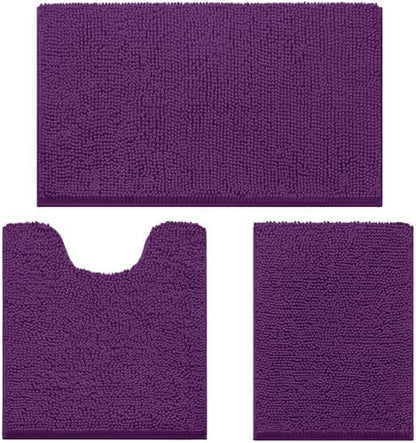 HOMEIDEAS Purple Chenille Bathroom Rugs Set of 3, Non Slip Bath Mat