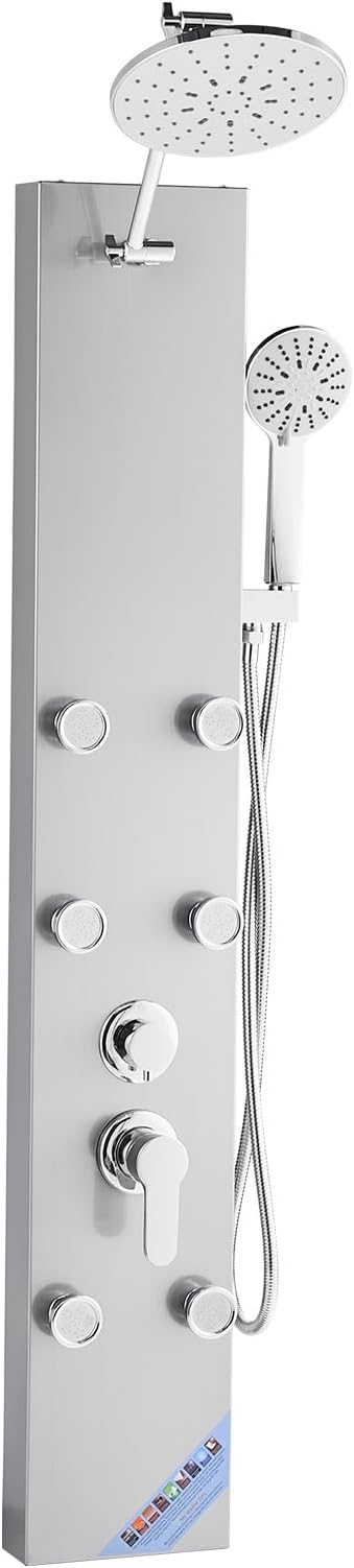 VEVOR Shower Panel Tower System with Rainfall Shower Head, 49 in Brushed Stainless Steel Shower Column, 3-Function Faucet, High Pressure Wall-Mount Rain Massage System with 6 Body Jets and Handheld