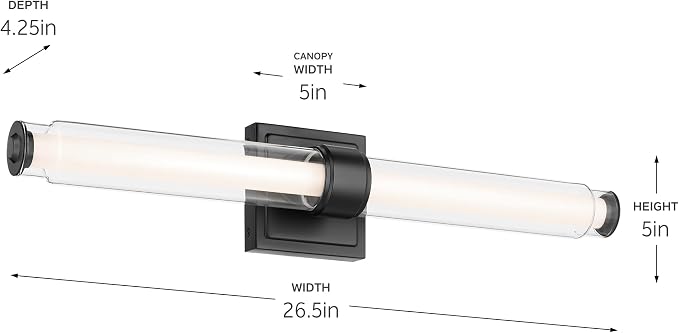Kichler Laurene LED Bath Bar Light, Black | Linear vanity light with clear glass for bathroom mirrors (26.5" x 5"), 55238BKLED