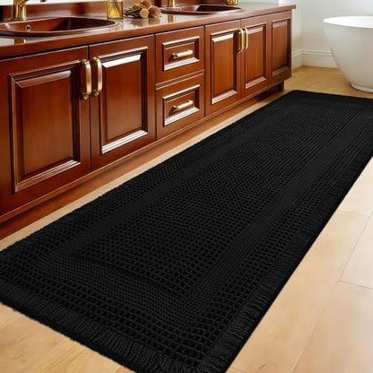 Extra Large Waffle Bath Mat, 5'x2' Black-Looped, Super Absorbent Non-Slip Quick Dry Bathroom Rugs with Tassels, Machine Washable Ultra Soft Boho Bath Rugs for Floor, Toilet Mats Boho Farmhouse Decor