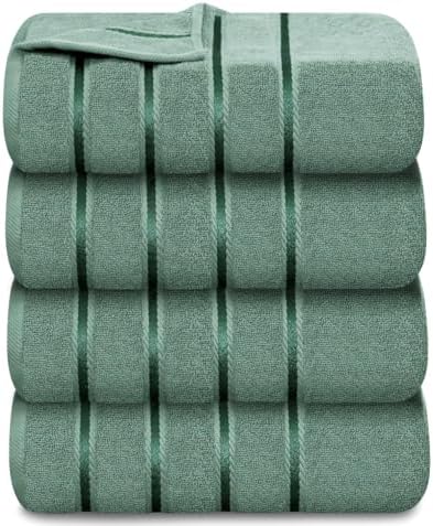 Luxury Bath Towels Set of 4, 27x54 Inches 600GSM 100% Cotton Ring Spun – Daily Use Highly Absorbent Viscose Stripe Bath Towel Sets for Bathroom, Hotel, Spa (Sage Green)