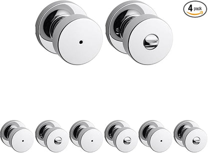 Kwikset Pismo Interior Privacy Door Knob with Lock, Door Handle for Bathroom and Bedroom, Polished Chrome Keyless Turn Lock Doorknob (Pack of 4)