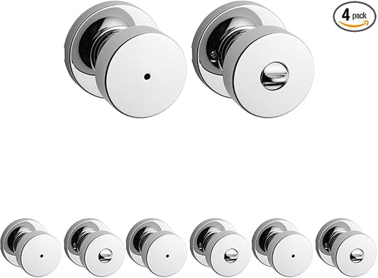 Kwikset Pismo Interior Privacy Door Knob with Lock, Door Handle for Bathroom and Bedroom, Polished Chrome Keyless Turn Lock Doorknob (Pack of 4)