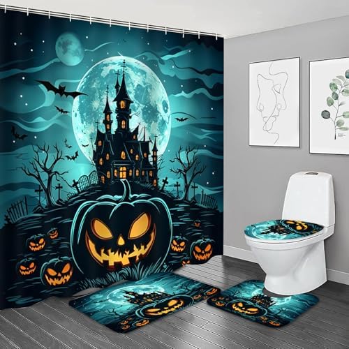 NBVKO Halloween Castle Pumpkin Waterproof Shower Curtain Set,with Non-Slip Rugs,Toilet Lid Coverand Bath Mat,Halloween Bathroom Decor Accessory Set