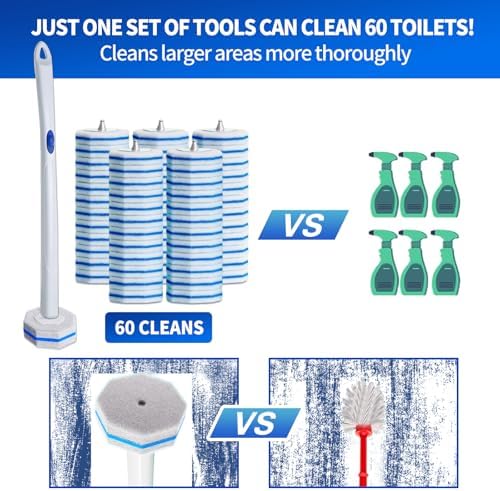 Disposable Toilet Brush Set with 60 Replacement Heads, Toilet Cleaning Replacement Pads, Starter Kit with Storage Case for Deep Cleaning and Hygienic Bathroom Maintenance
