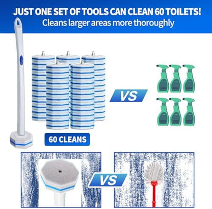 Disposable Toilet Brush Set with 60 Replacement Heads, Toilet Cleaning Replacement Pads, Starter Kit with Storage Case for Deep Cleaning and Hygienic Bathroom Maintenance