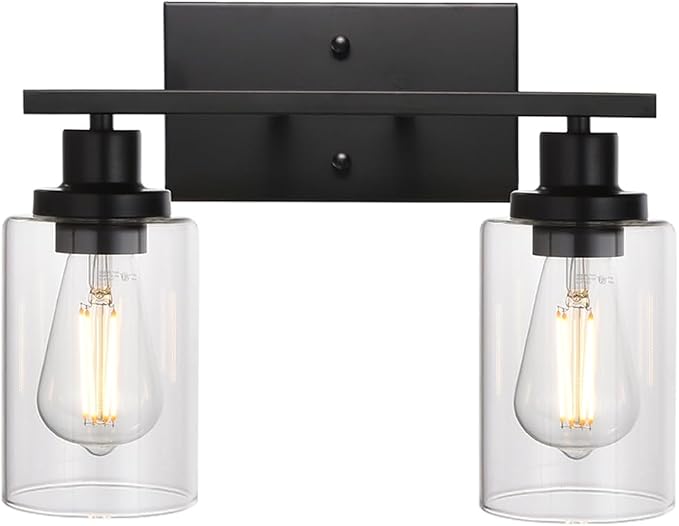 MELUCEE 2-Light Black Wall Sconce Industrial Vintage with Clear Glass Shade | Bathroom Vanity Lights Hallway Light Fixture Sconces Wall Lighting (Patent No.: US D963914 S)